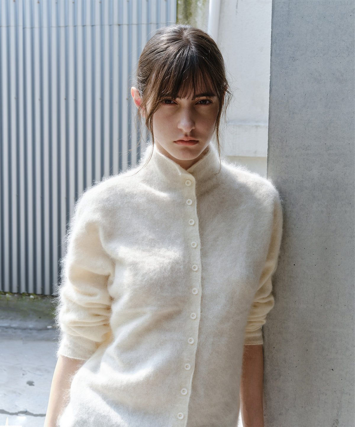Brushed Cashmere-Blend High Neck Knit Cardigan