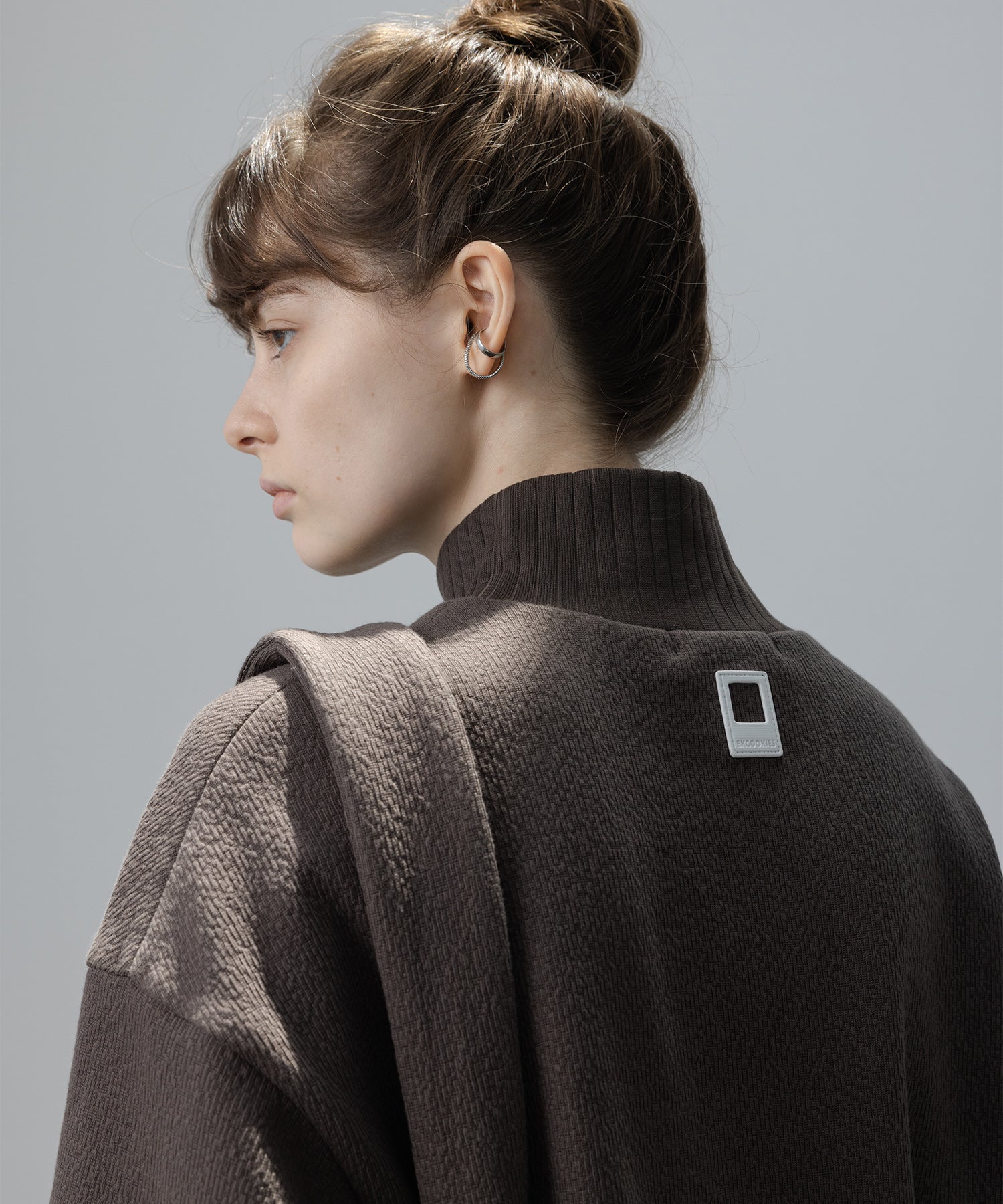 Front Slit High-Neck Jacquard Cut Top