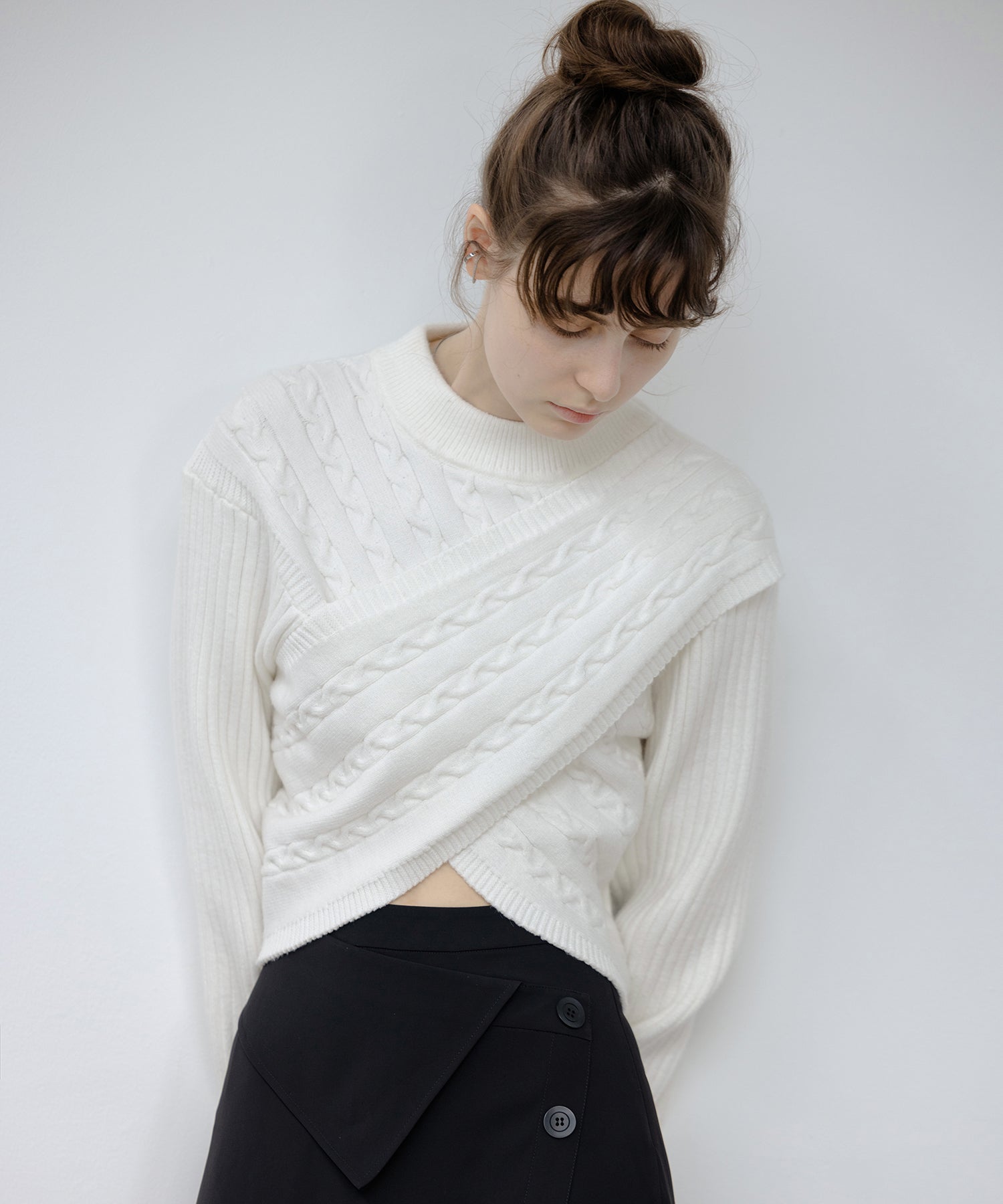 Mock Neck Deconstructed Cropped Knit Sweater