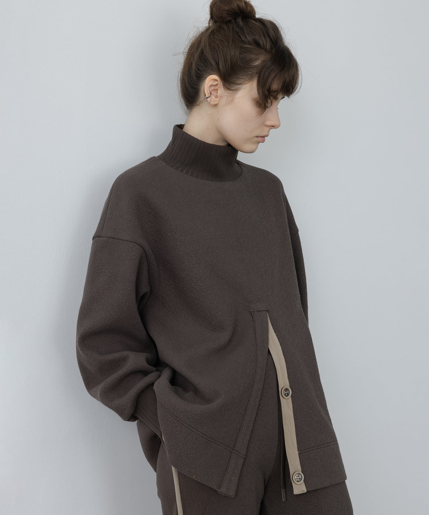 Front Slit High-Neck Jacquard Cut Top