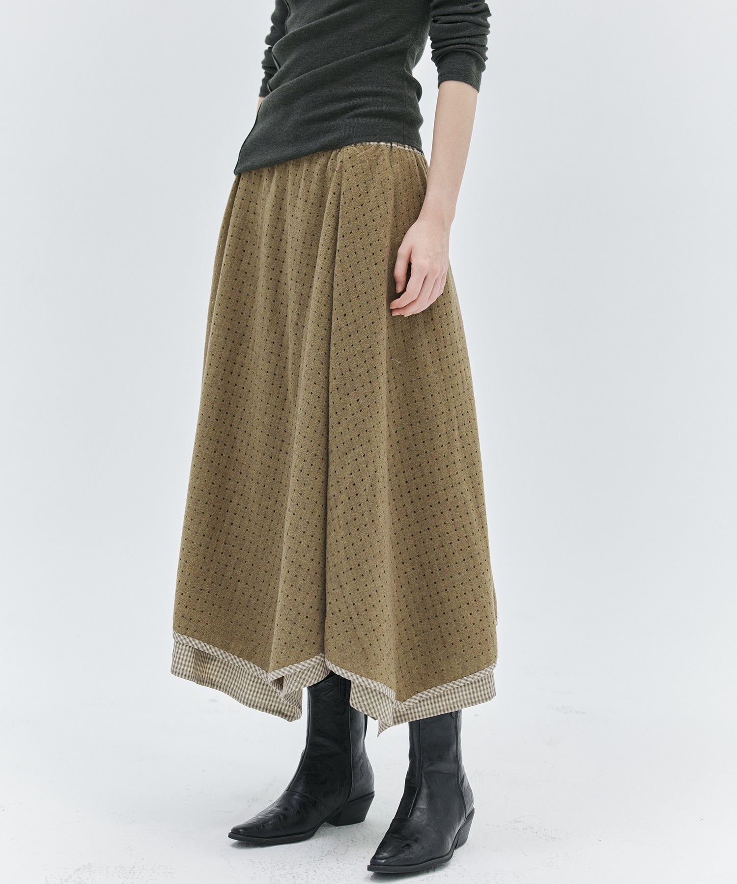 Cut-Out Layered High-Waist A-Line Midi Flare Skirt