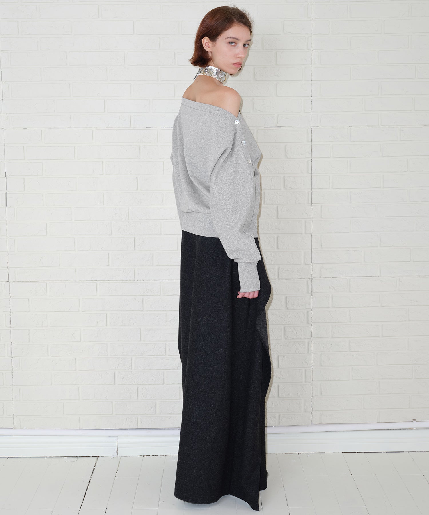 Adjustable Neck Shell Button Batwing Sleeve Lightweight Sweatshirt