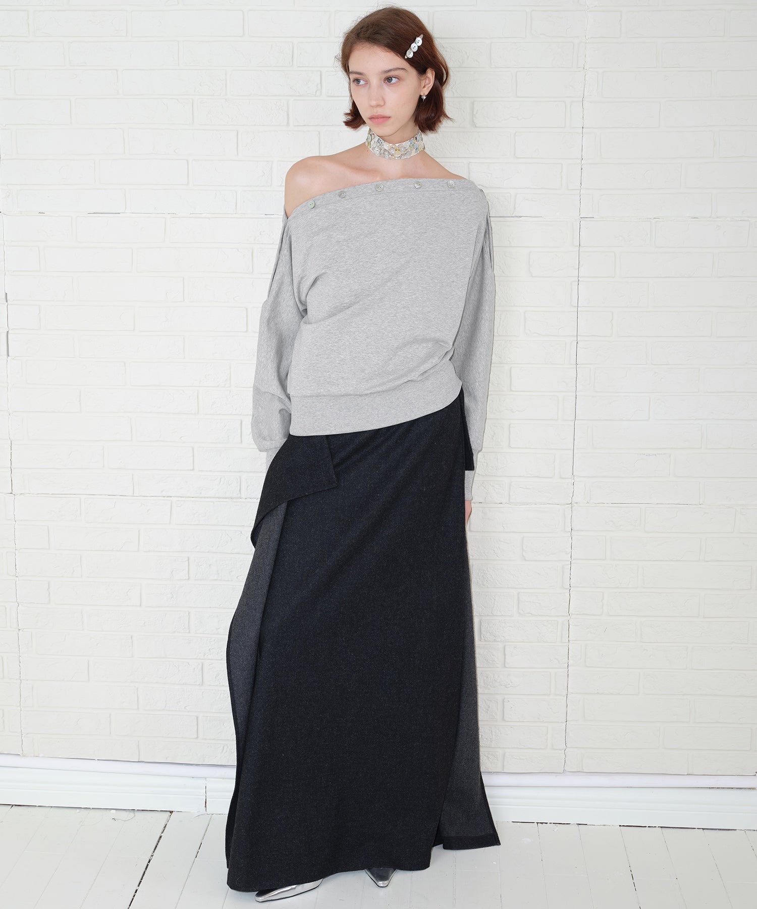 Adjustable Neck Shell Button Batwing Sleeve Lightweight Sweatshirt