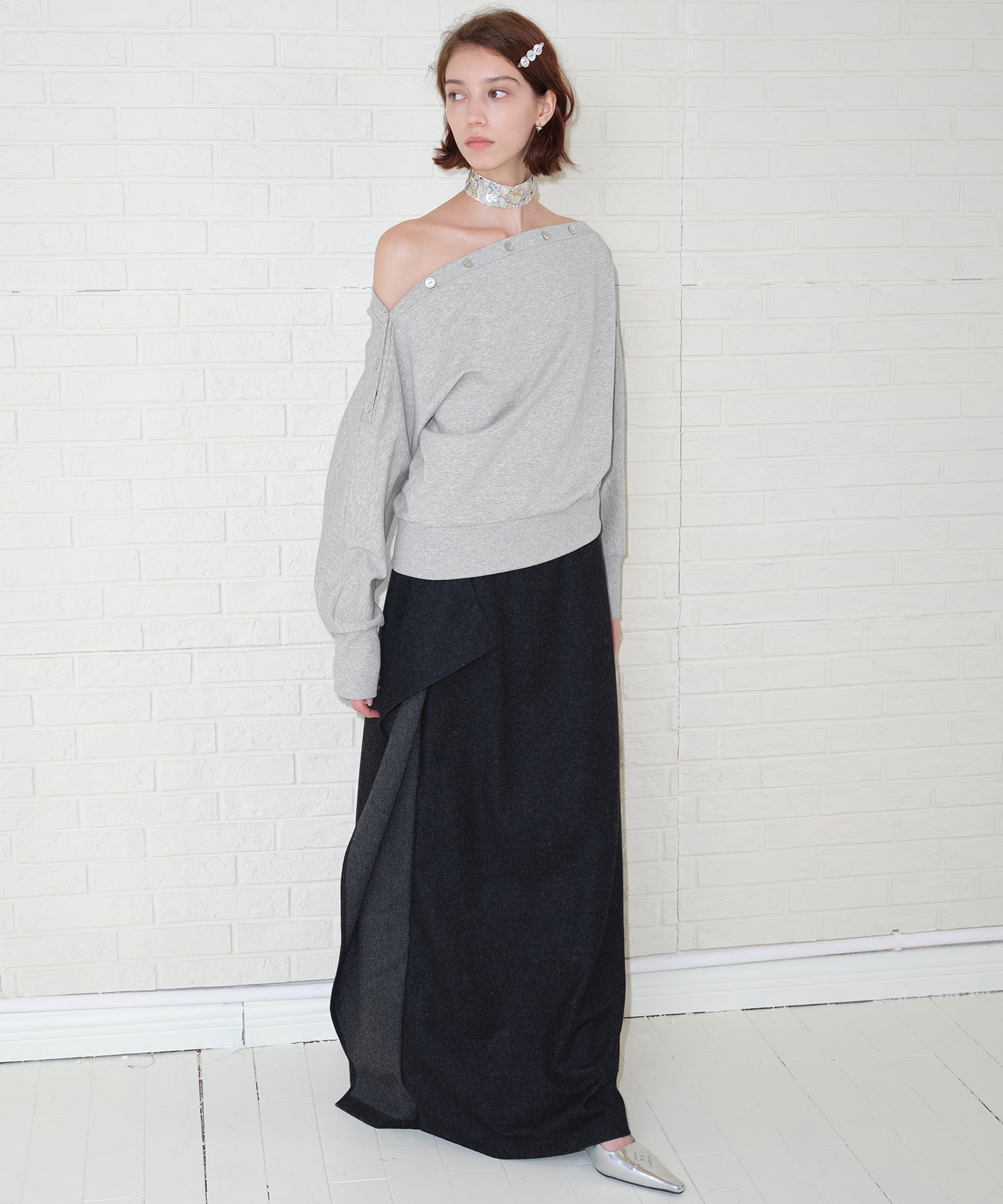 Adjustable Neck Shell Button Batwing Sleeve Lightweight Sweatshirt