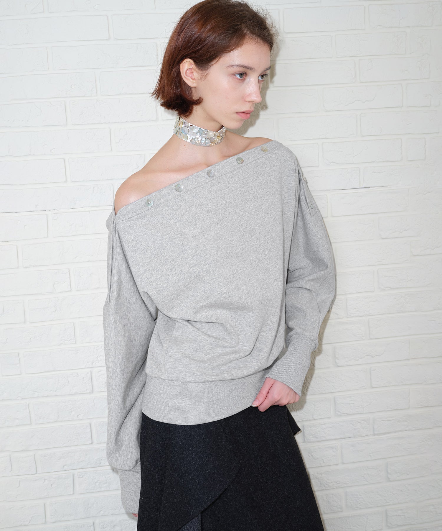 Adjustable Neck Shell Button Batwing Sleeve Lightweight Sweatshirt