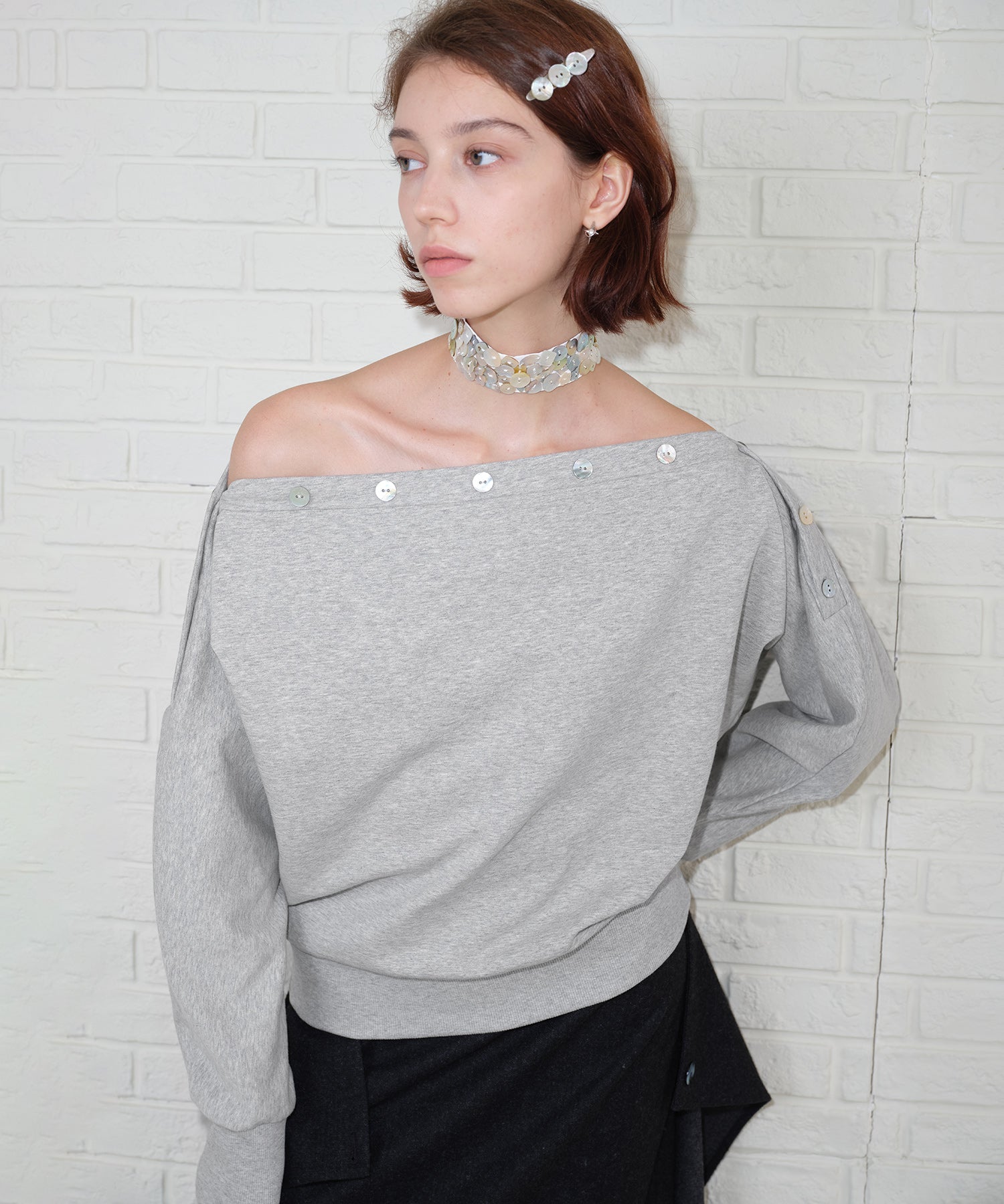 Adjustable Neck Shell Button Batwing Sleeve Lightweight Sweatshirt