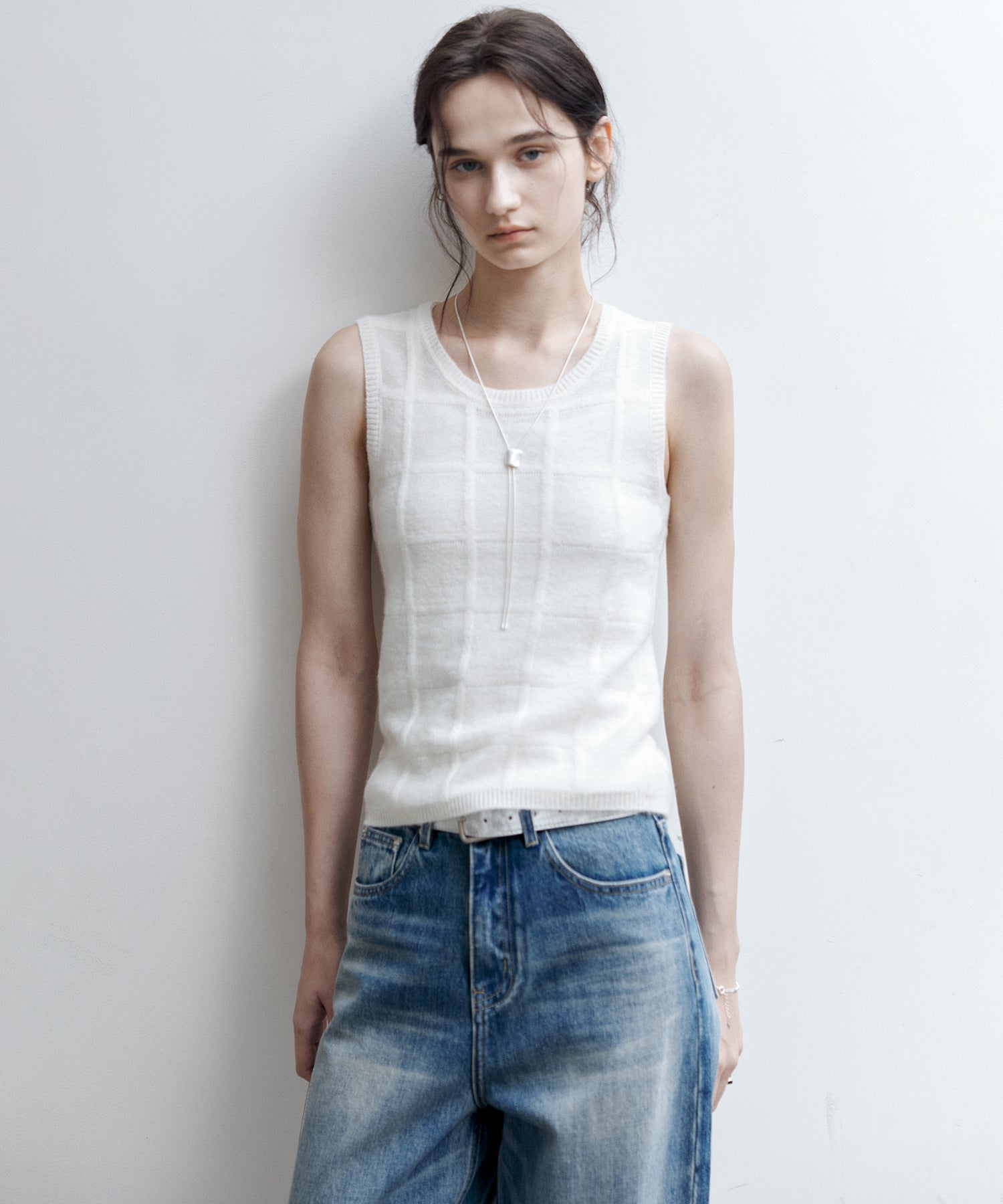 Sheer Check Knit Sleeveless Top