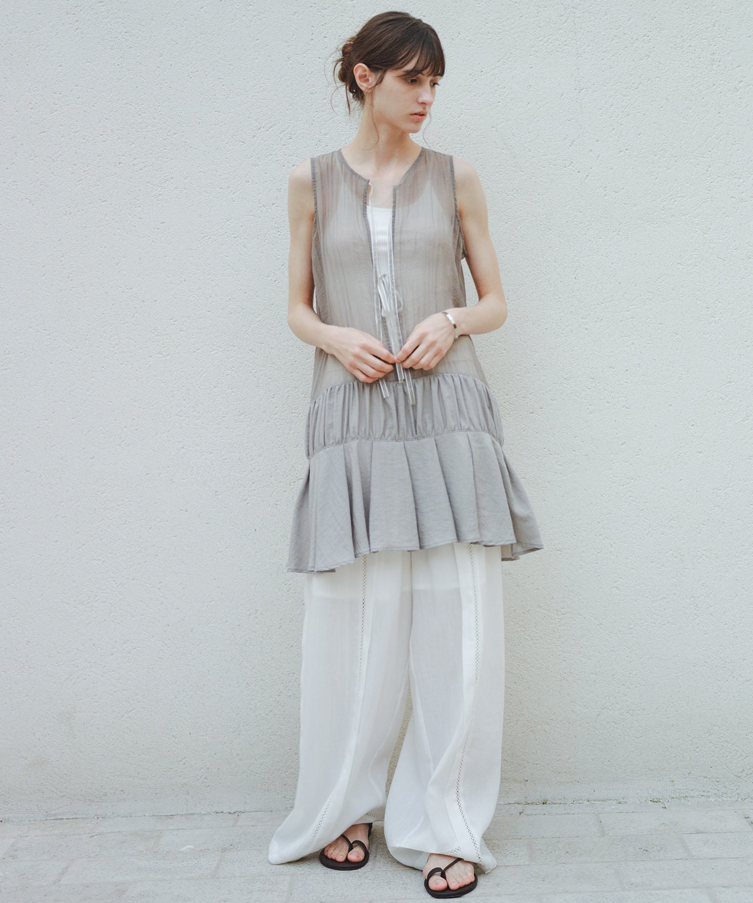 「8月中旬~下旬出荷」Front Lace Linen Blend Wide Pants