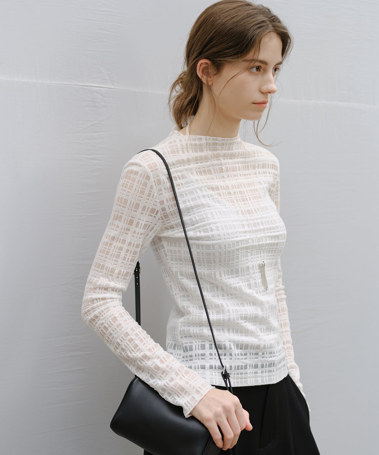 "Shipping from early to mid-March" Check Pattern Sheer Mesh Long Sleeve Top