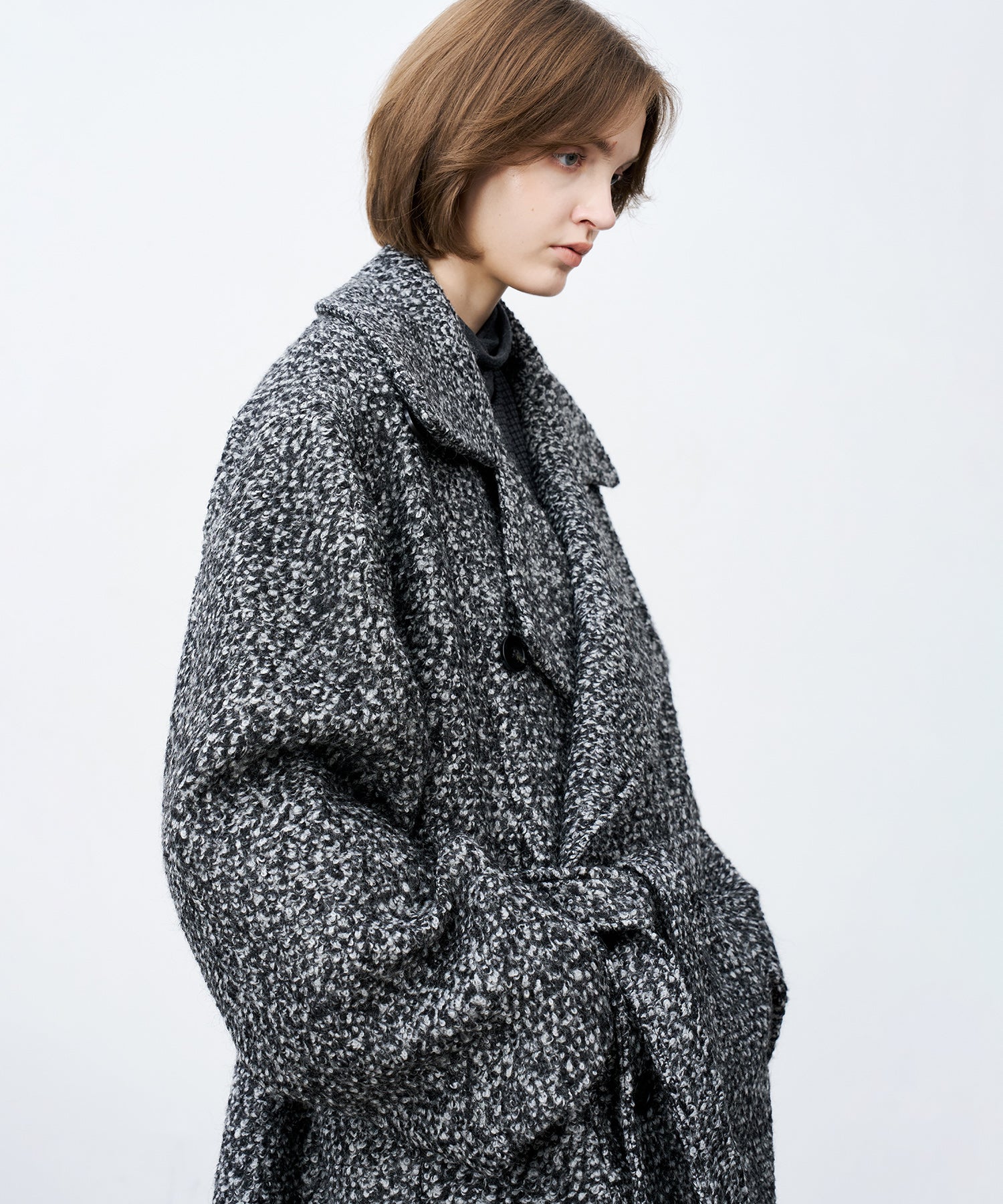 Mixed-Color Bouclé Wool Lapel Long Coat