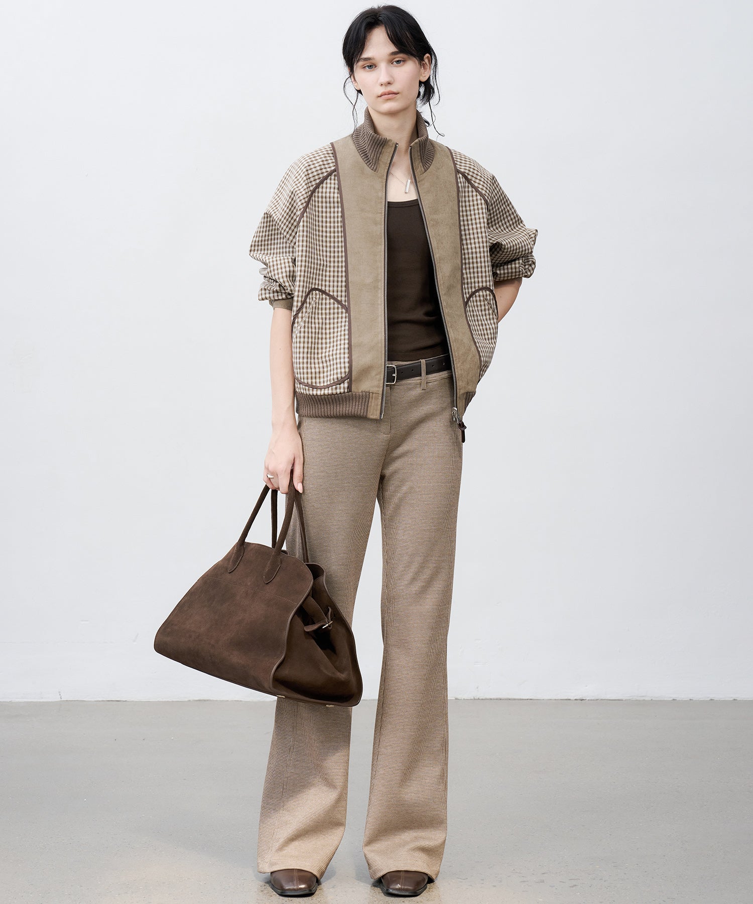 Wool Blend Check Flared Pants
