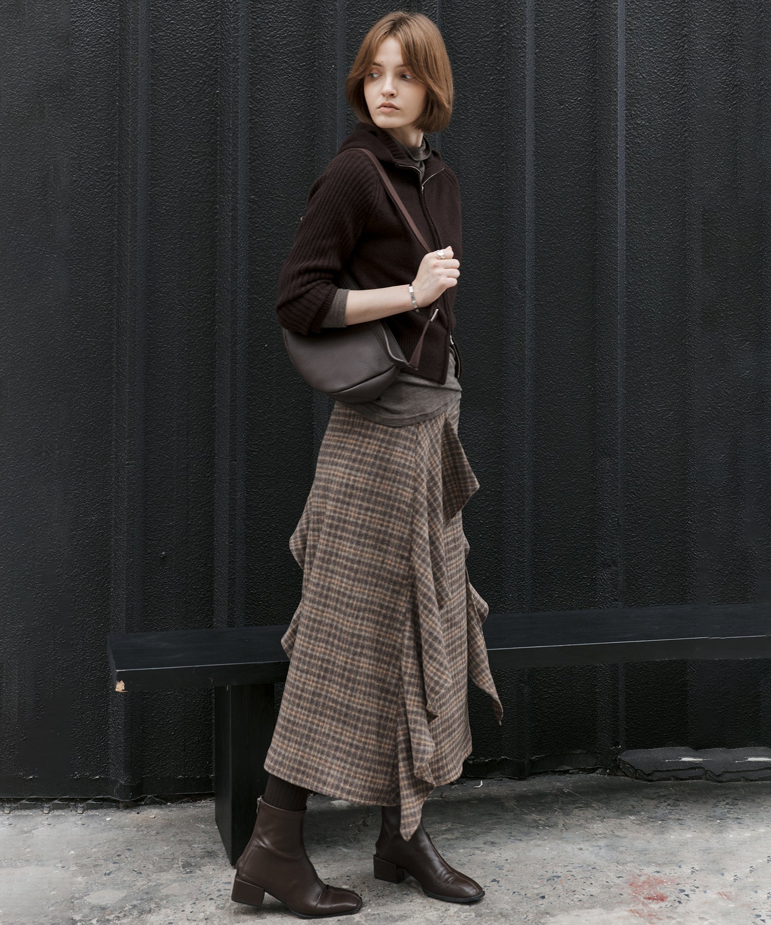 Wool Blend Irregular Flake Detail Yarn-Dyed Vintage Check Brushed A-Line Midi Skirt