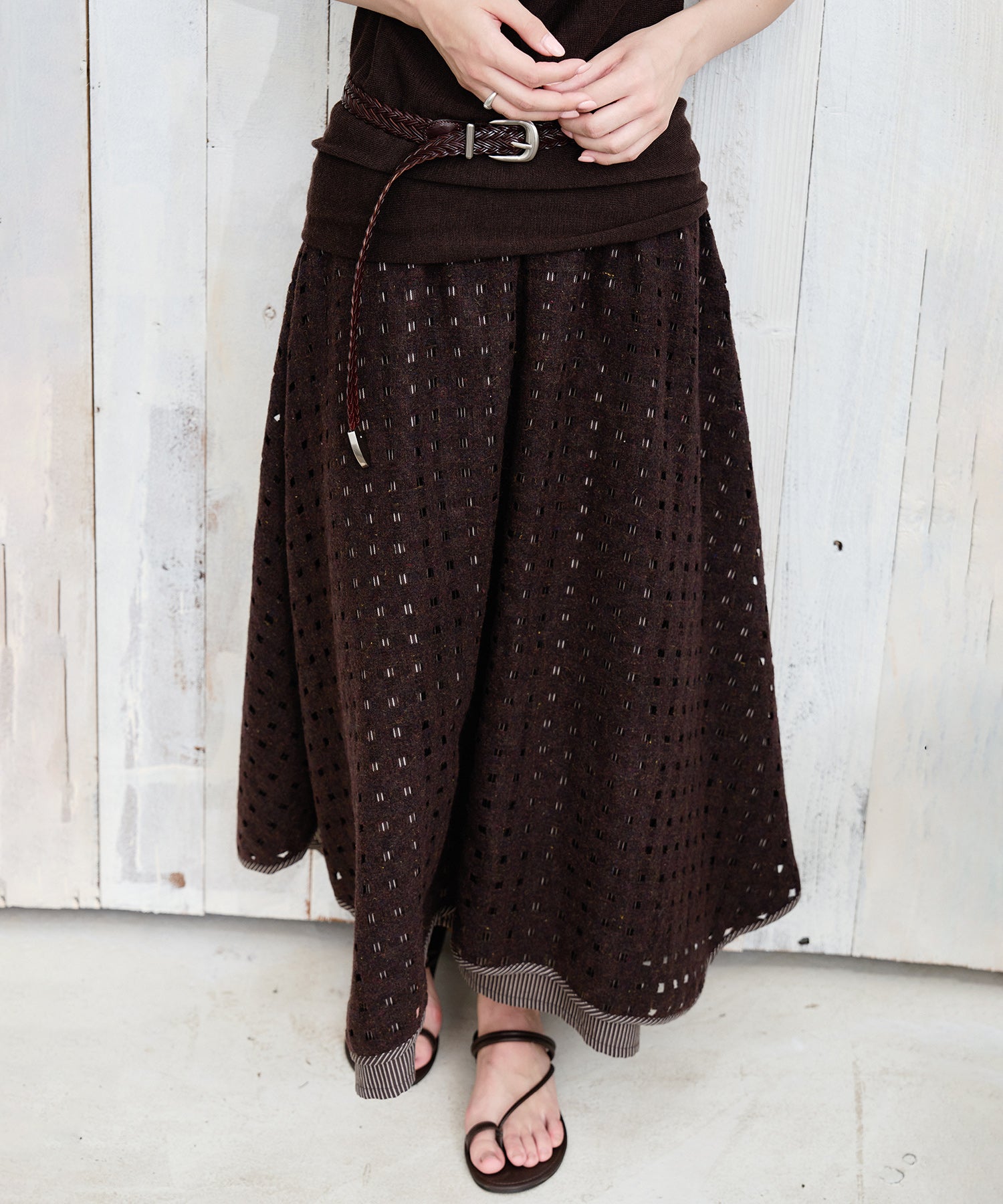 Cut-Out Layered High-Waist A-Line Midi Flare Skirt