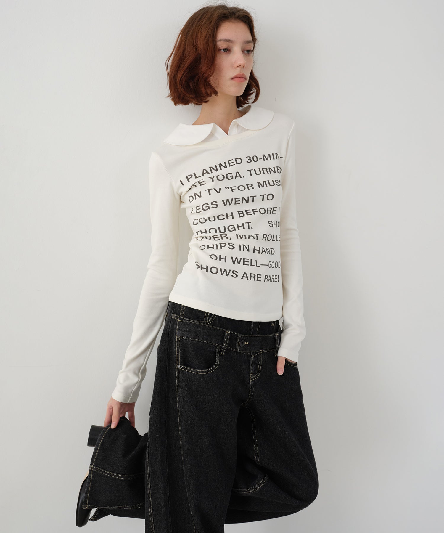 Layered-Look Shirt Collar Slogan Print Slim-Fit Base T-Shirt