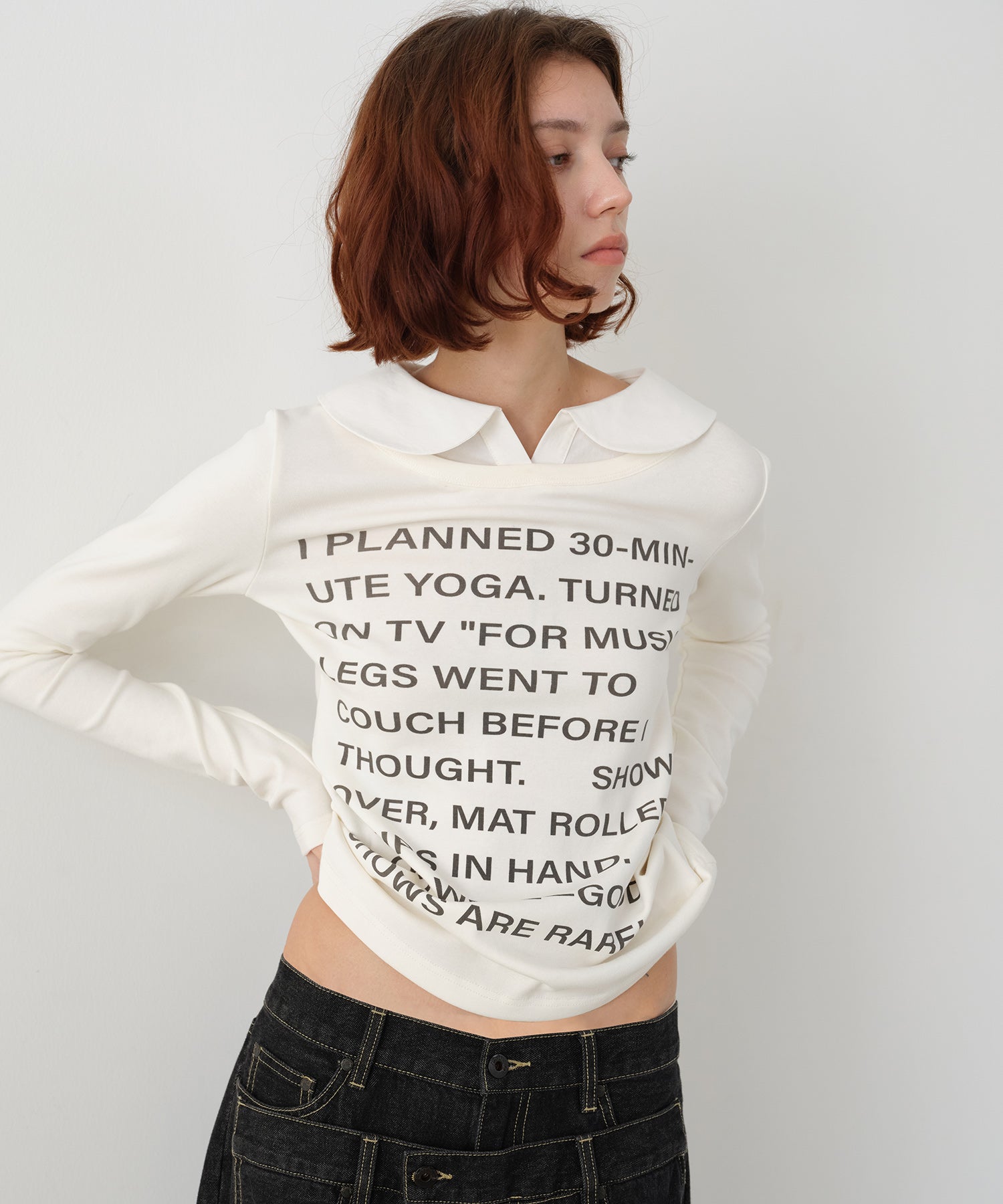 Layered-Look Shirt Collar Slogan Print Slim-Fit Base T-Shirt