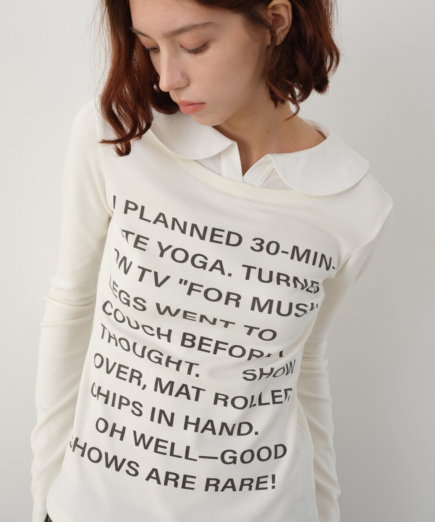 Layered-Look Shirt Collar Slogan Print Slim-Fit Base T-Shirt