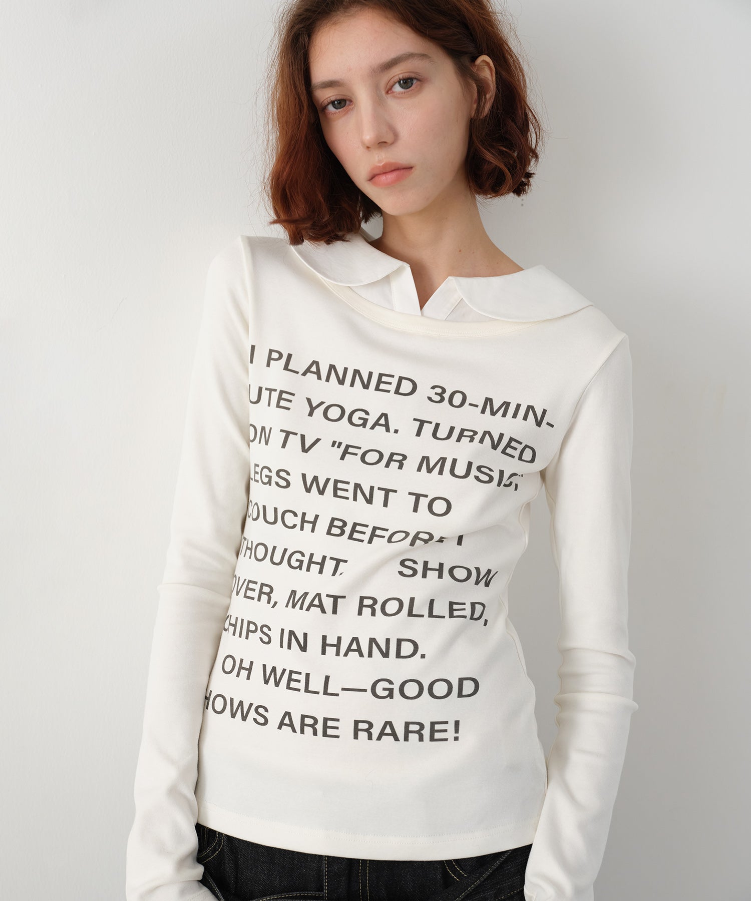 Layered-Look Shirt Collar Slogan Print Slim-Fit Base T-Shirt