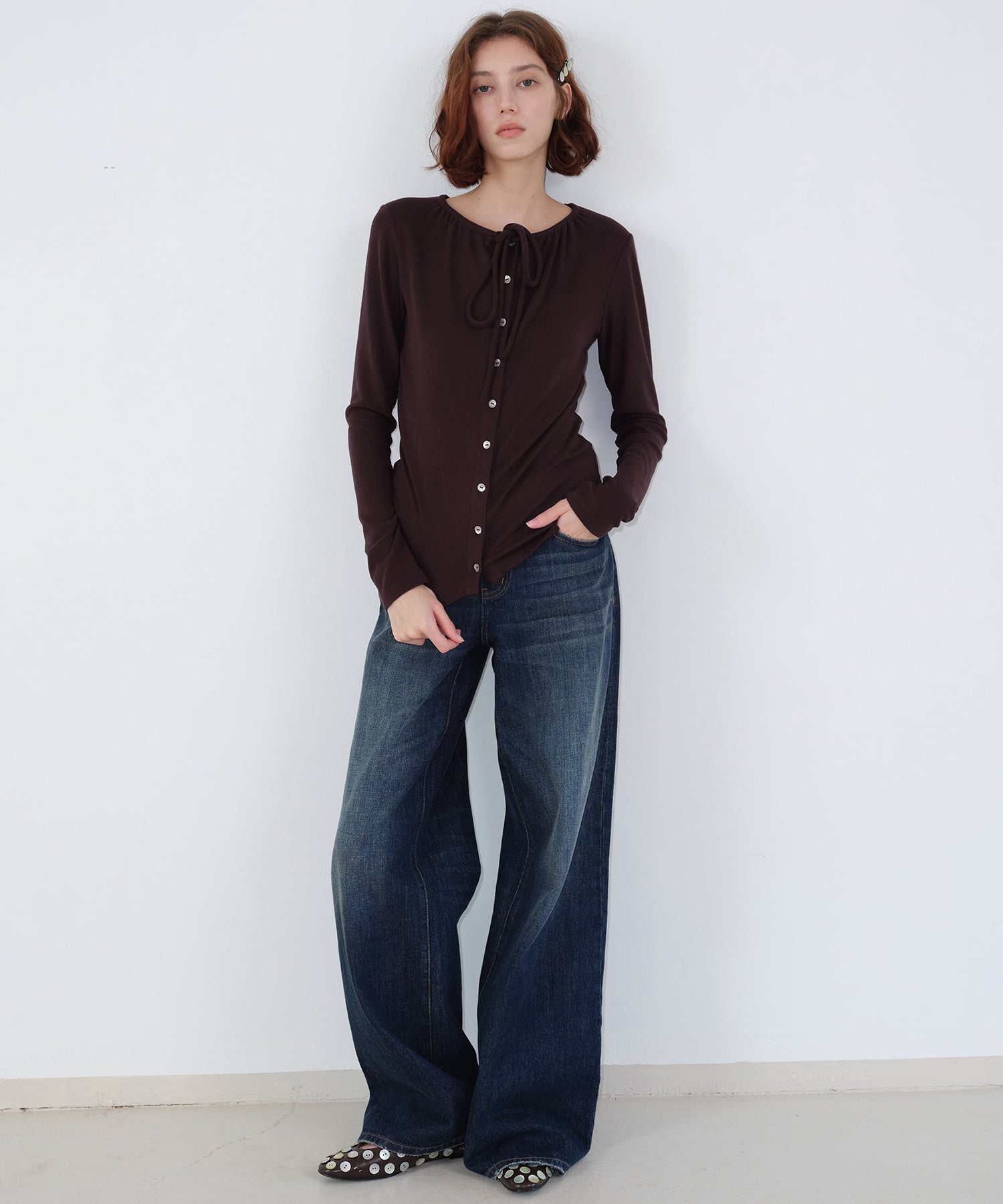 Ribbon Lace-Up Neck Ribbed Cardigan-Style Top