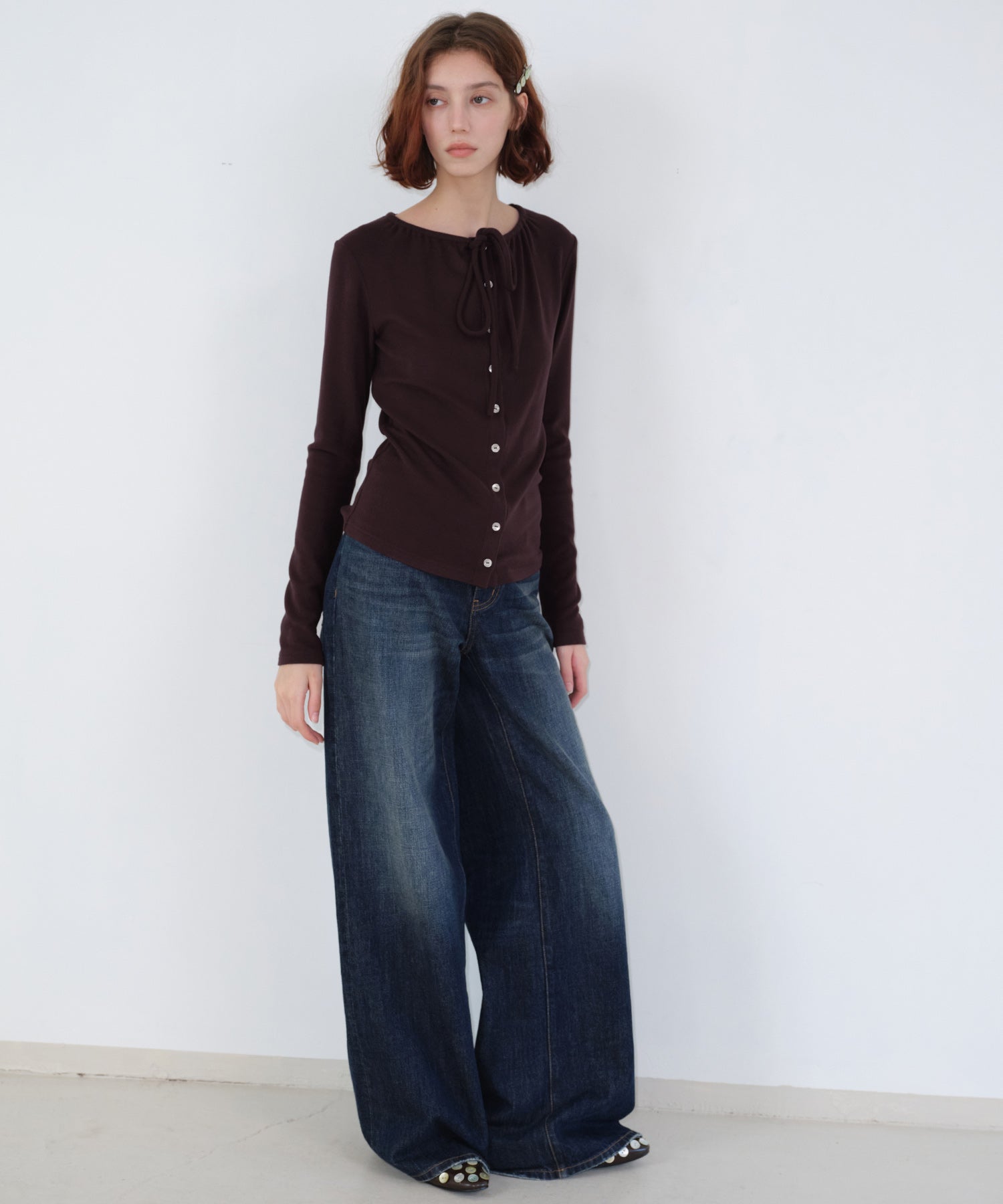 Ribbon Lace-Up Neck Ribbed Cardigan-Style Top