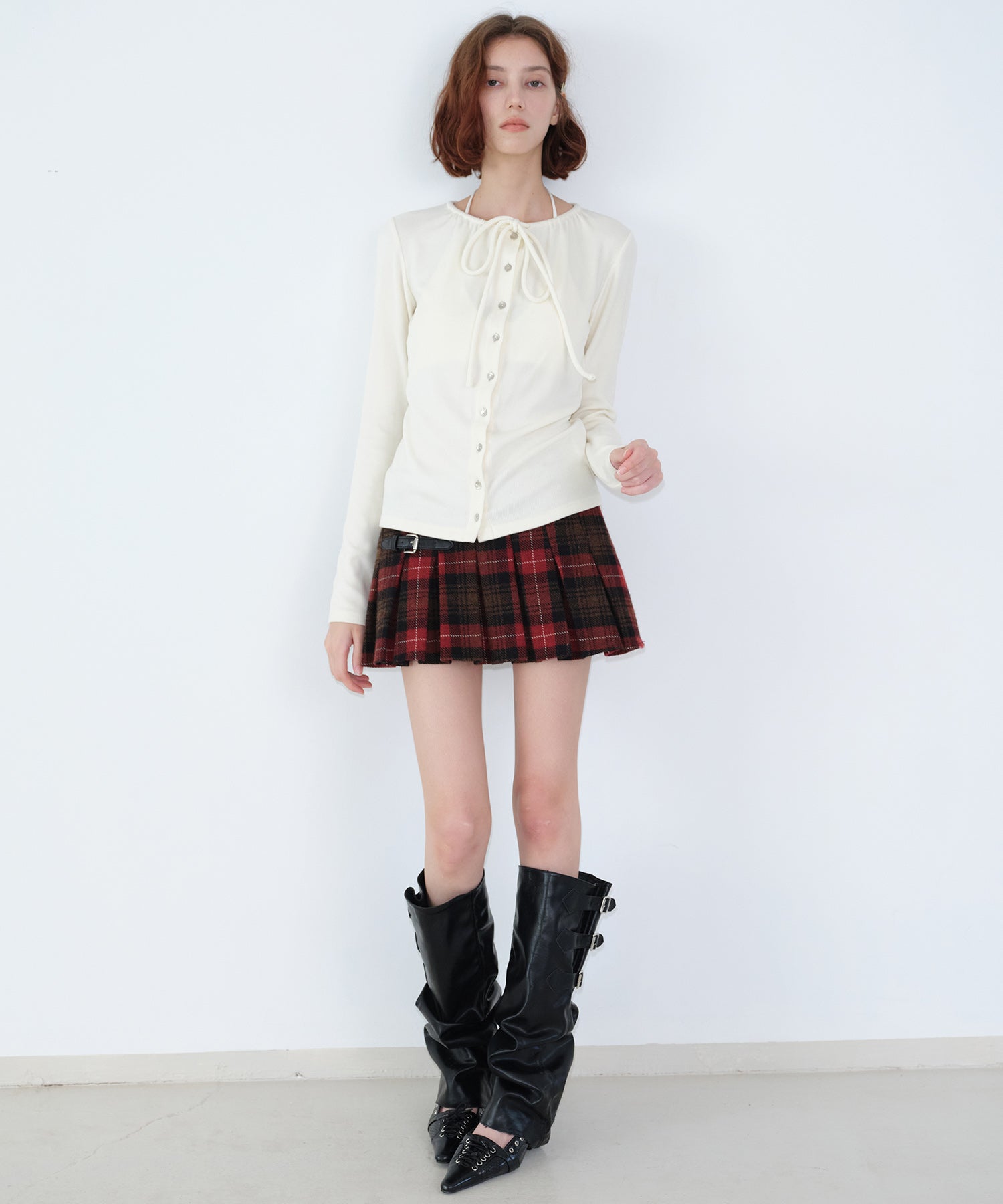 Ribbon Lace-Up Neck Ribbed Cardigan-Style Top