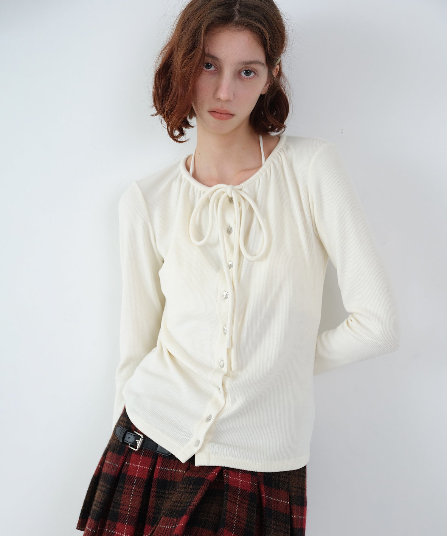 Ribbon Lace-Up Neck Ribbed Cardigan-Style Top