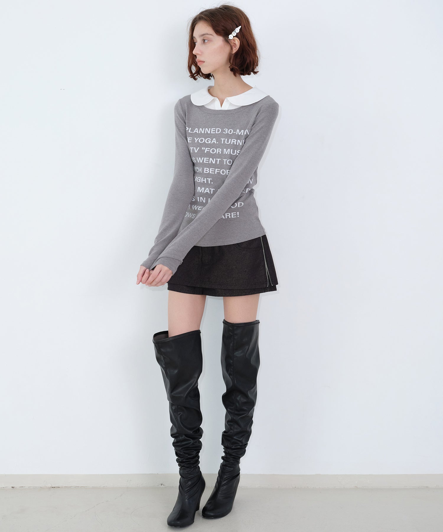 Layered-Look Shirt Collar Slogan Print Slim-Fit Base T-Shirt