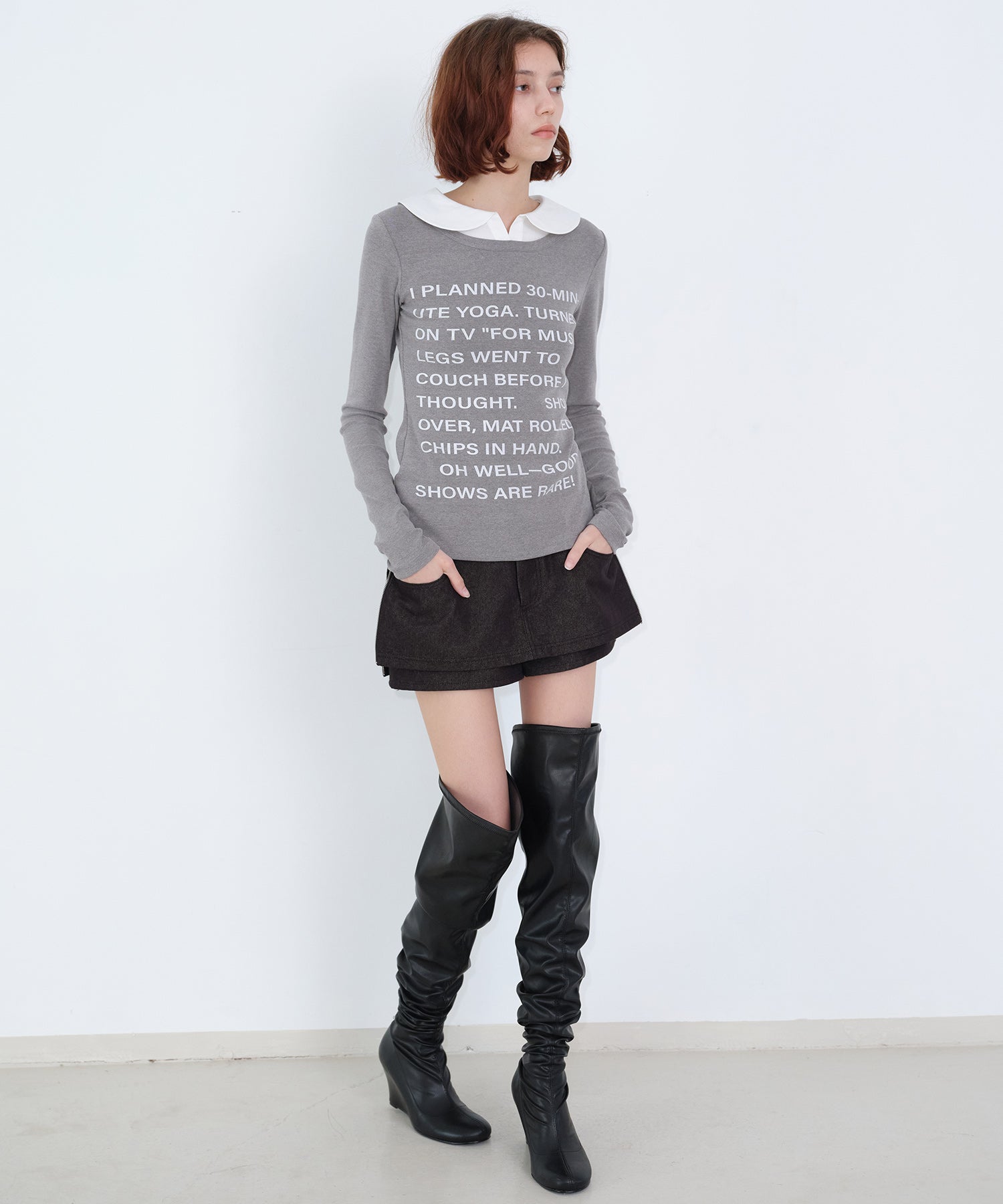 Layered-Look Shirt Collar Slogan Print Slim-Fit Base T-Shirt