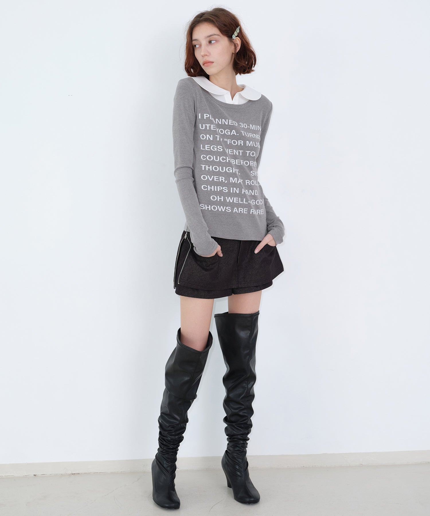 Layered-Look Shirt Collar Slogan Print Slim-Fit Base T-Shirt