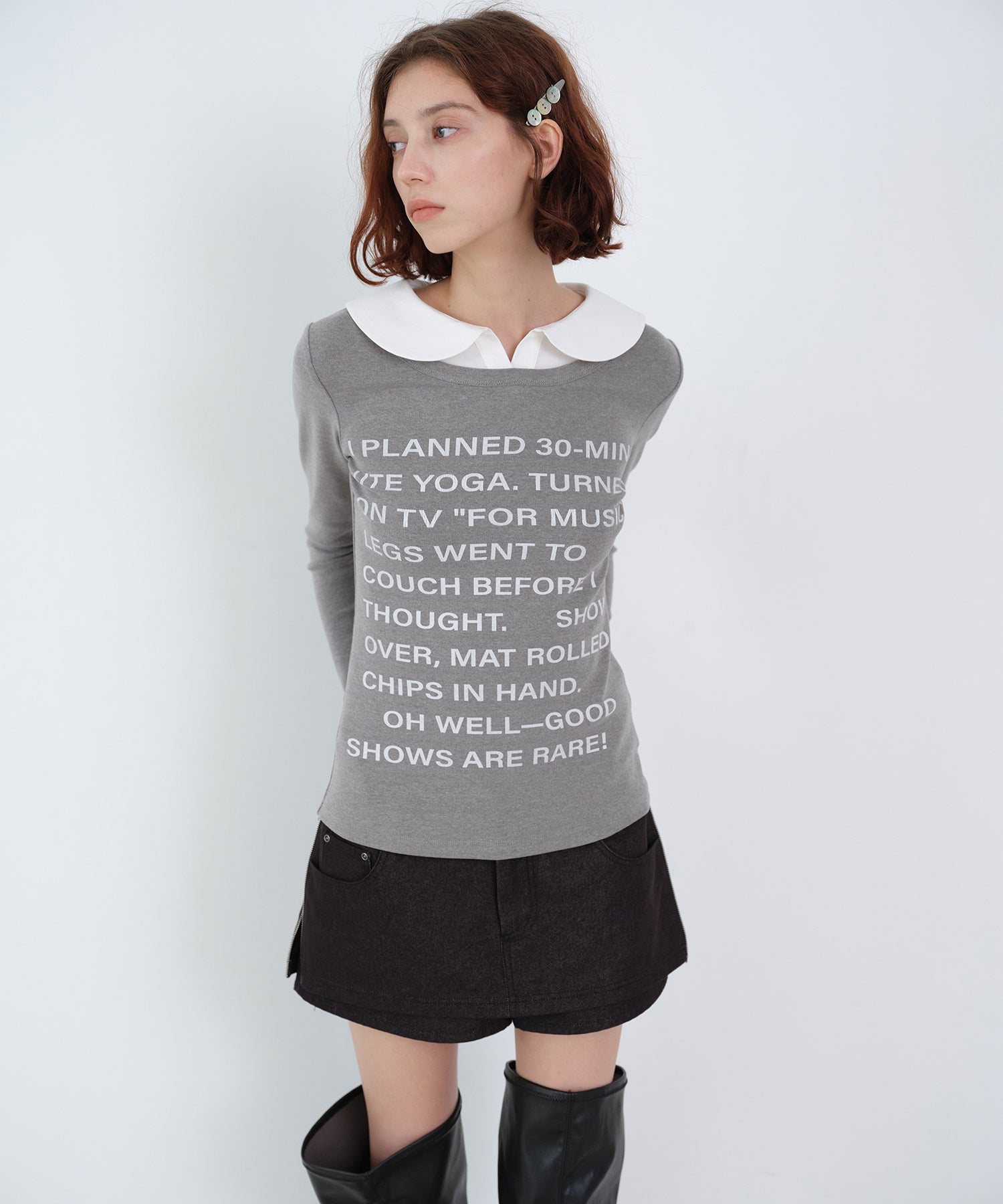 Layered-Look Shirt Collar Slogan Print Slim-Fit Base T-Shirt