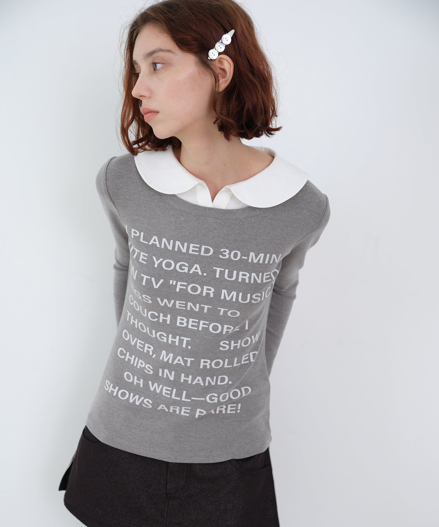 Layered-Look Shirt Collar Slogan Print Slim-Fit Base T-Shirt