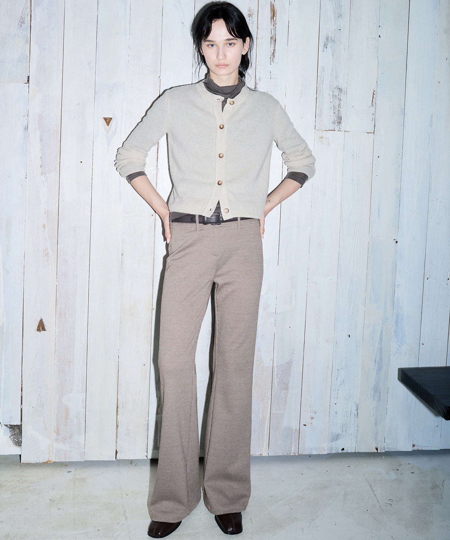 Wool Blend Check Flared Pants