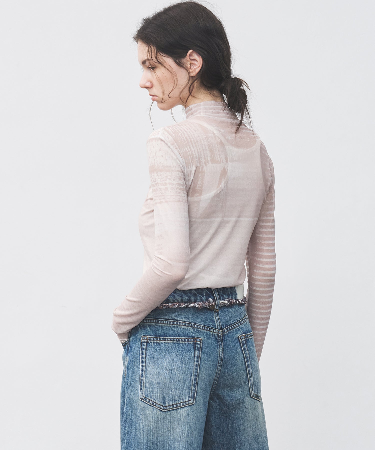 Digital Art Mesh Top – Sheer Mock Neck Fitted Layer