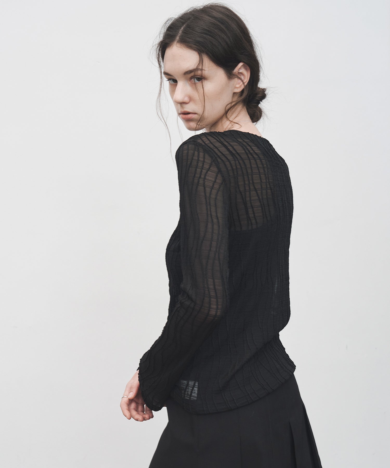 Jacquard Mesh Boat Neck Top – Sheer Long Sleeve Tee