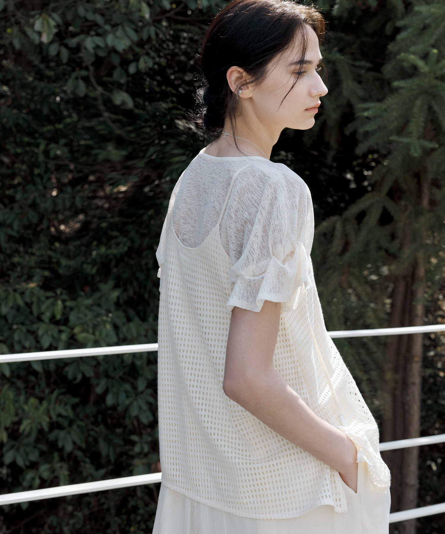Sheer Gathered Sleeve T-Shirt