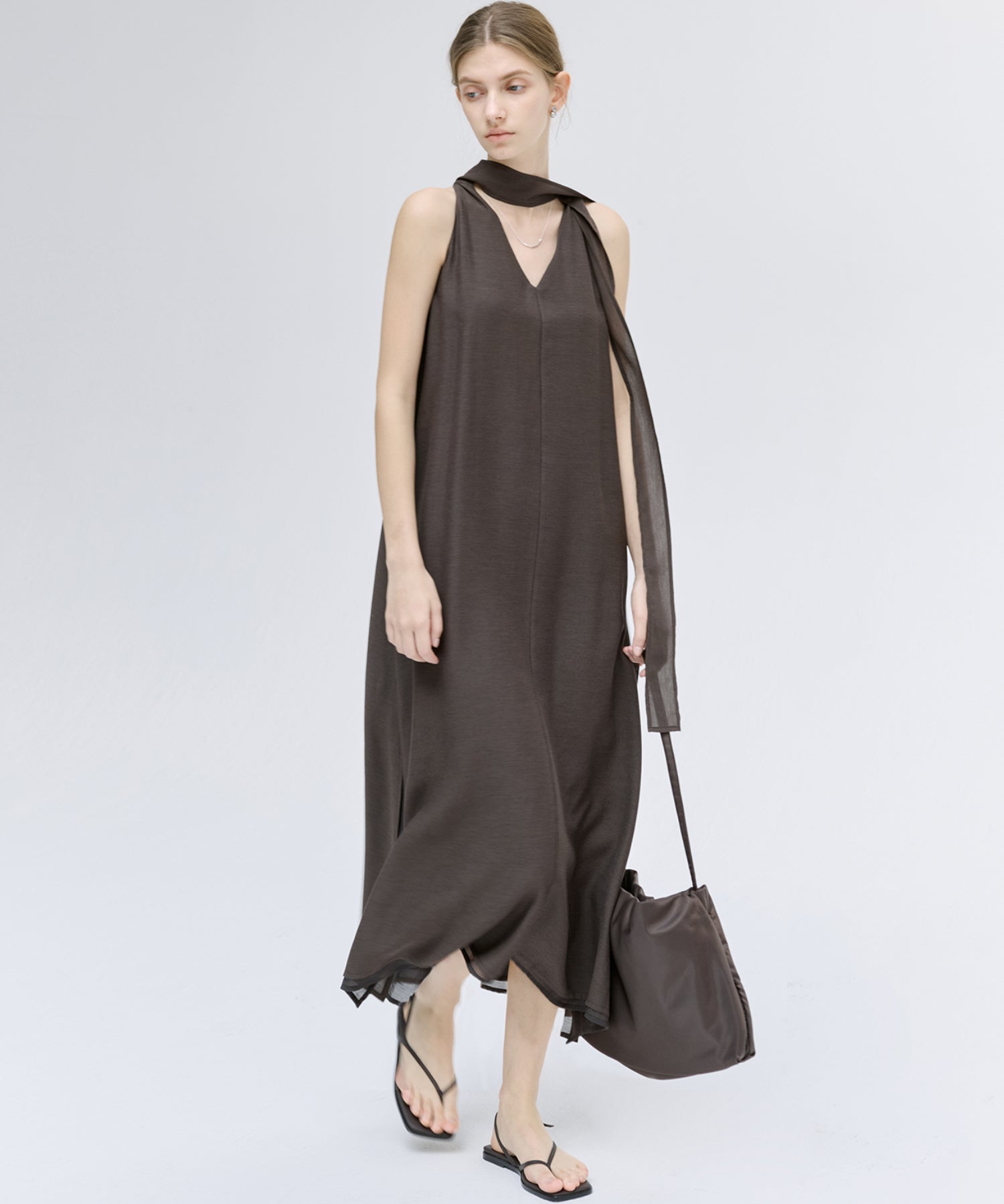 Tie-Detail Double-Layer Cold Shoulder Dress