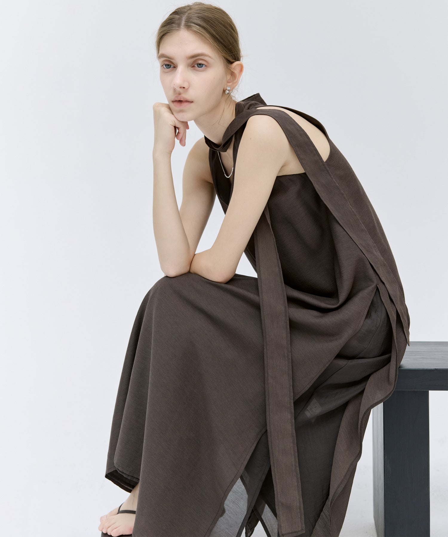 Tie-Detail Double-Layer Cold Shoulder Dress