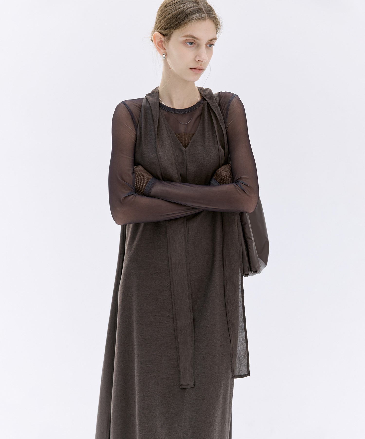 Tie-Detail Double-Layer Cold Shoulder Dress