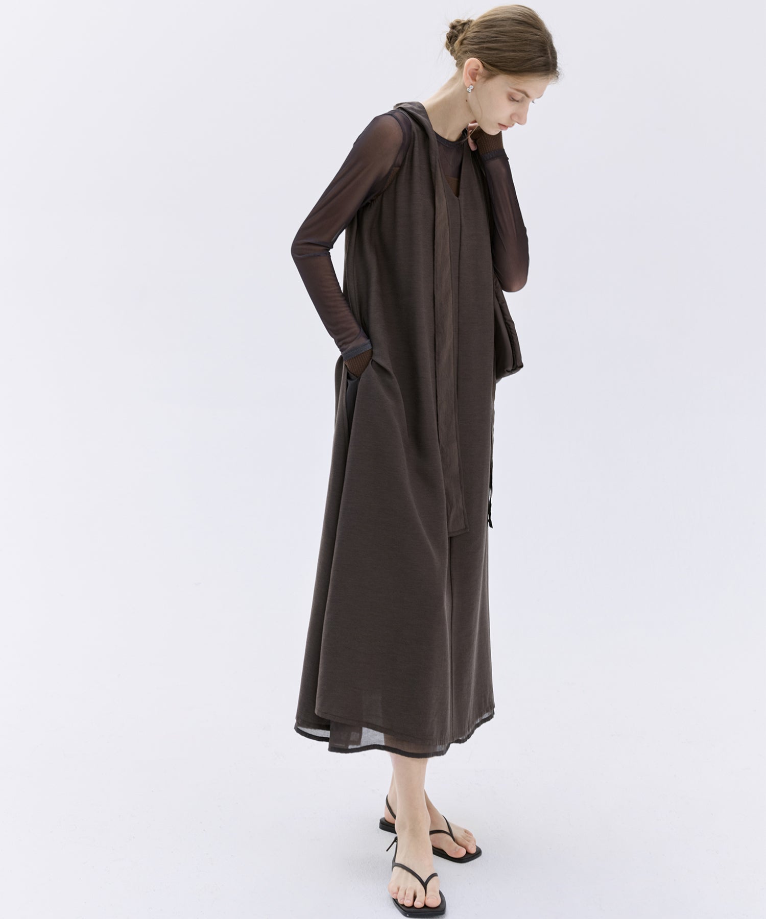 Tie-Detail Double-Layer Cold Shoulder Dress
