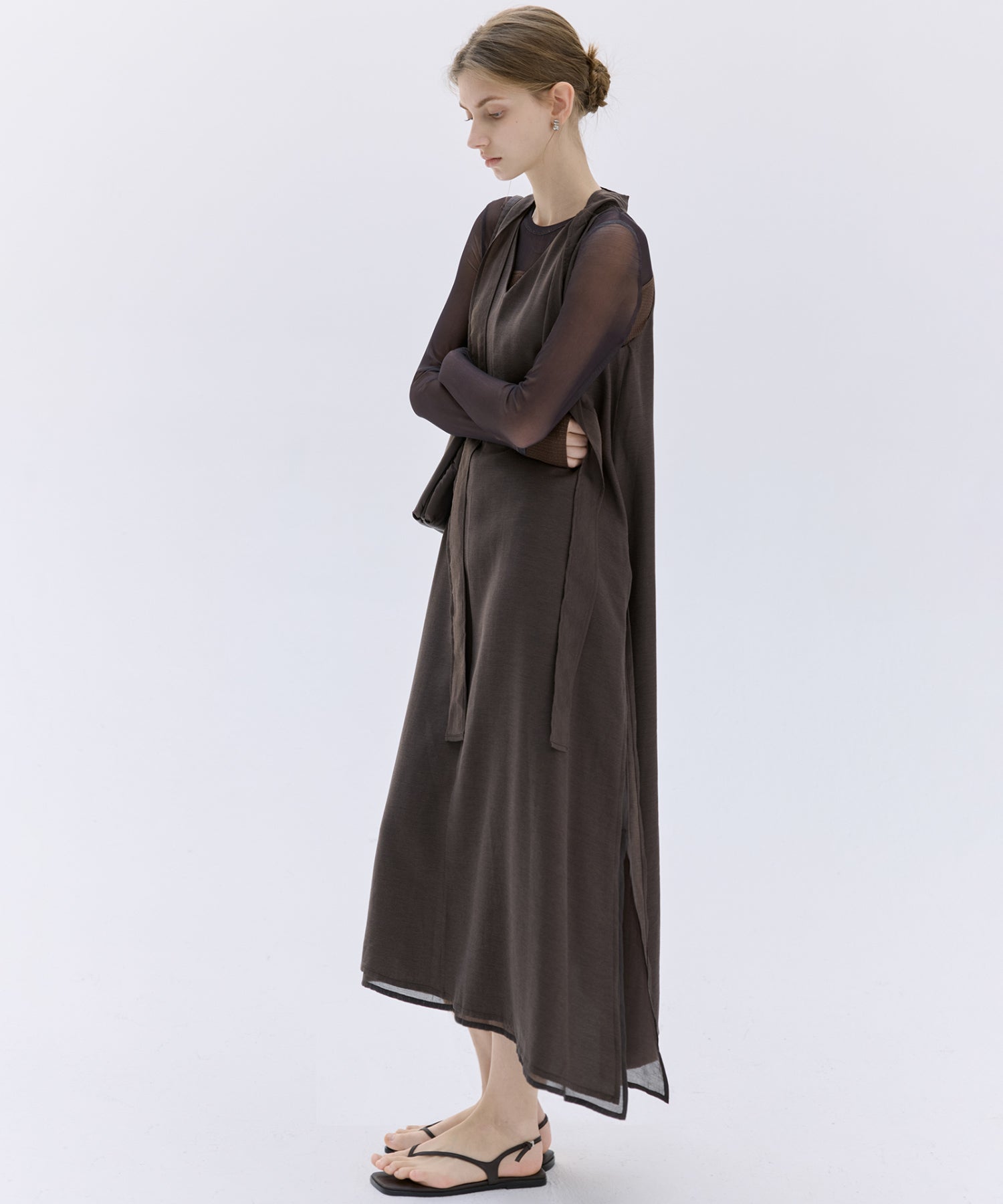 Tie-Detail Double-Layer Cold Shoulder Dress