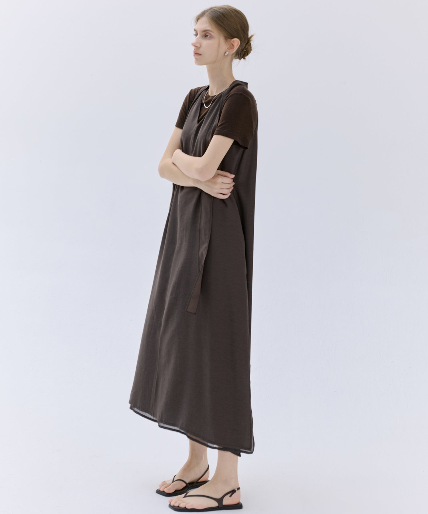 Tie-Detail Double-Layer Cold Shoulder Dress