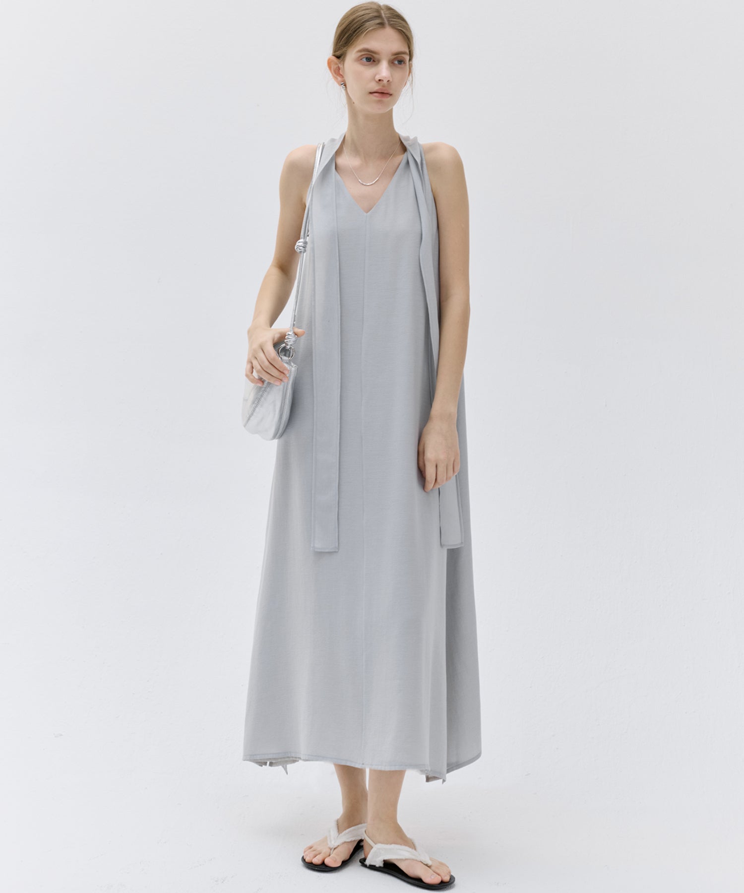 Tie-Detail Double-Layer Cold Shoulder Dress