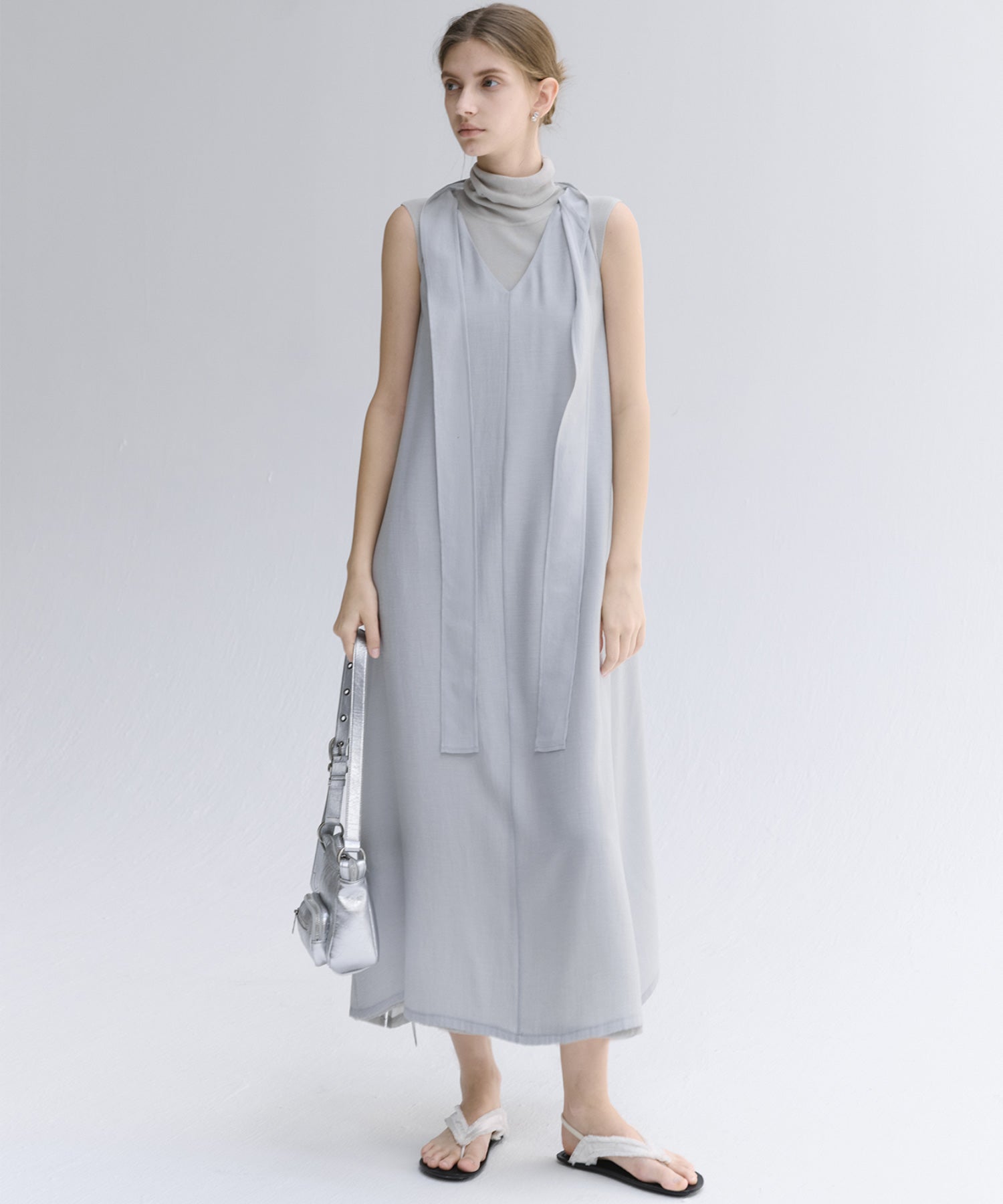 Tie-Detail Double-Layer Cold Shoulder Dress