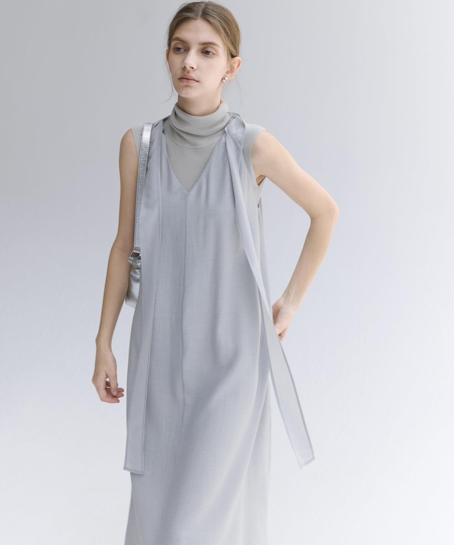 Tie-Detail Double-Layer Cold Shoulder Dress
