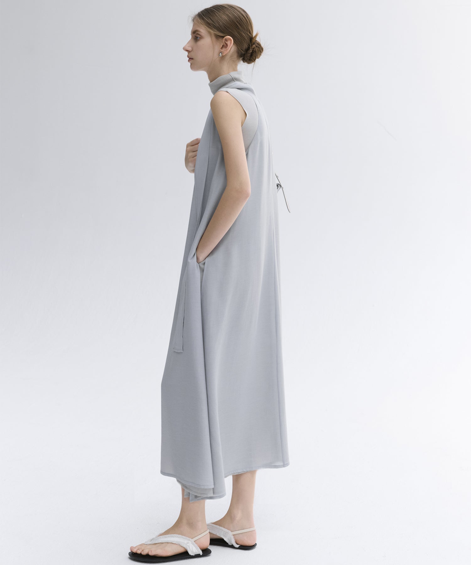 Tie-Detail Double-Layer Cold Shoulder Dress
