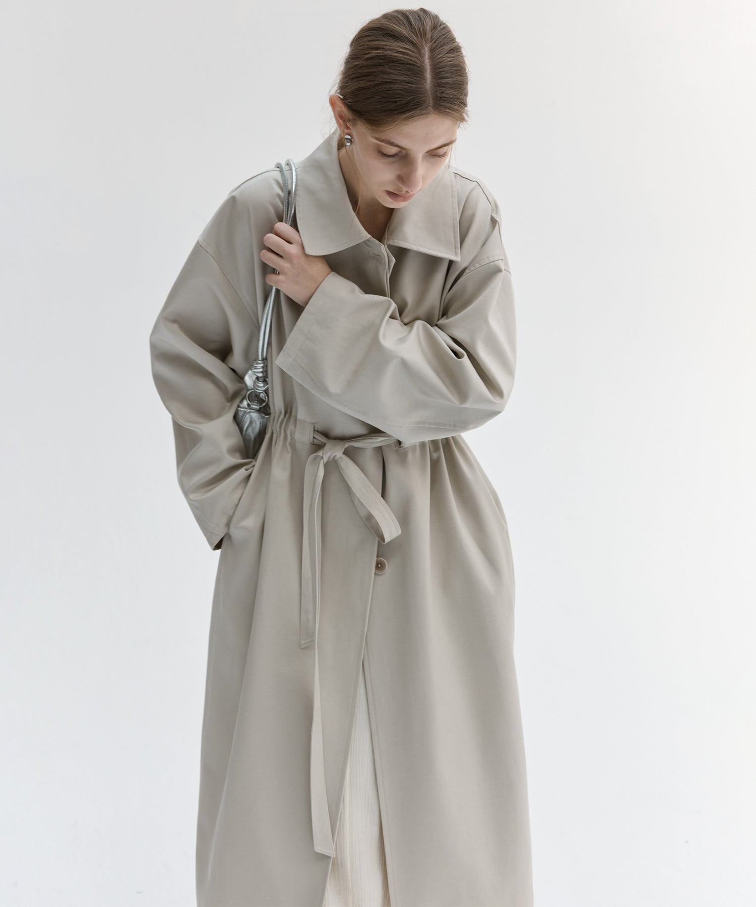 Notched Collar Oversized Belted Trench Coat