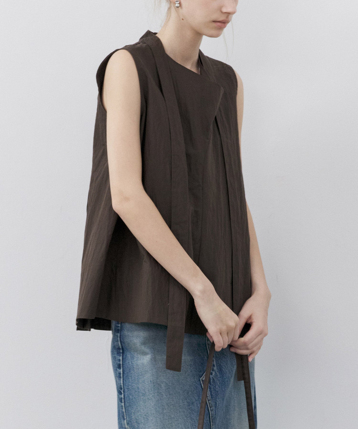 Drape Neck Pleated Blouse with Ribbon