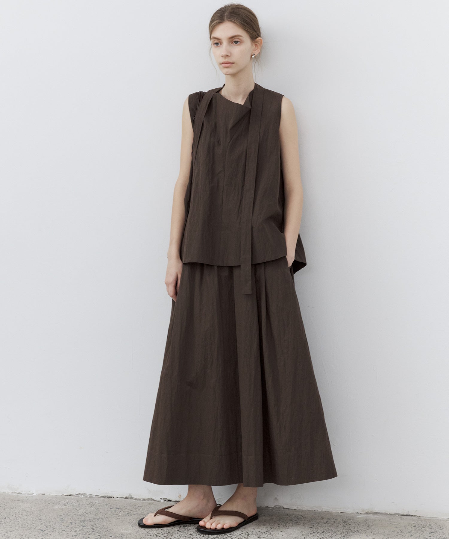 Drape Neck Pleated Blouse with Ribbon