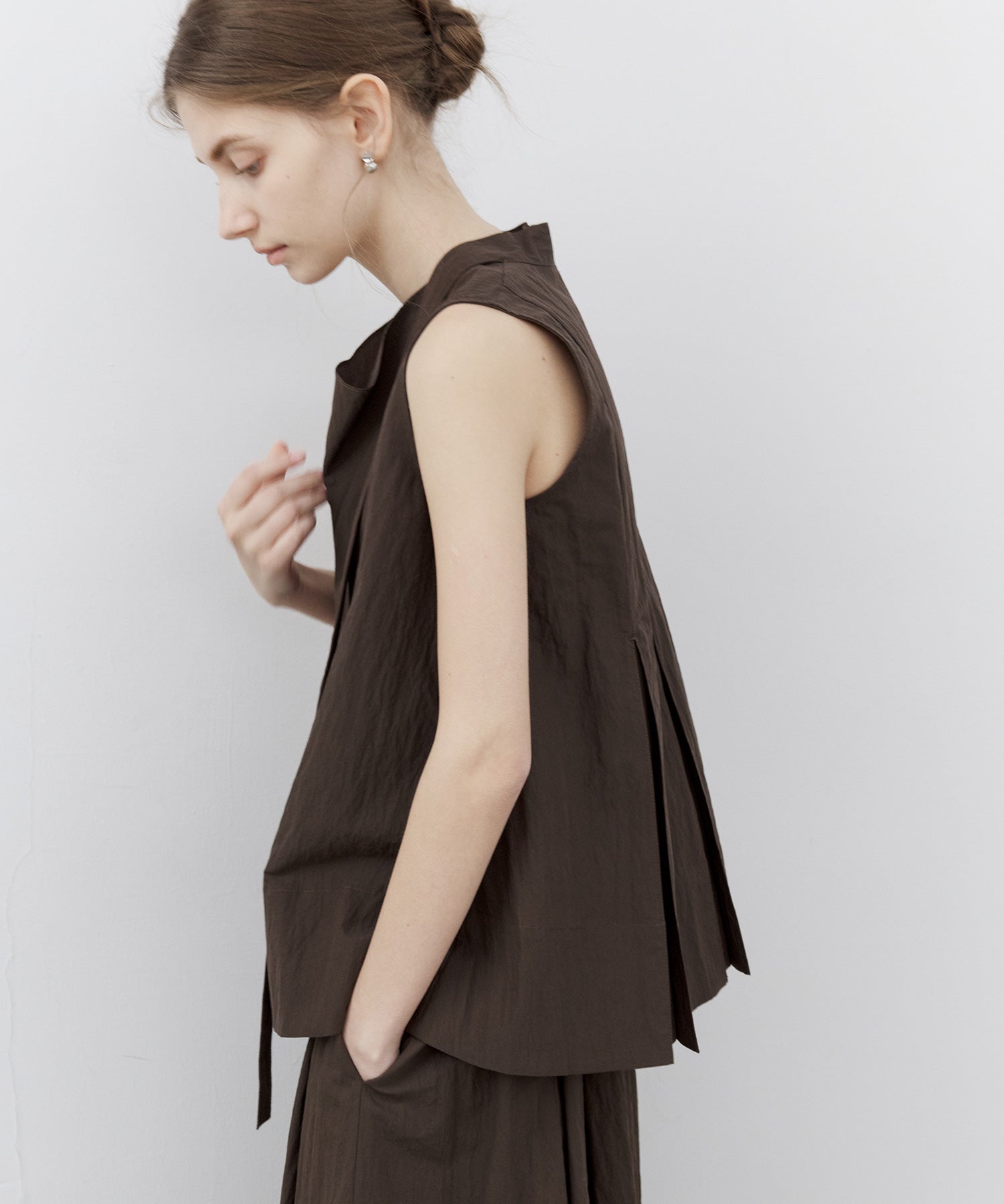 Drape Neck Pleated Blouse with Ribbon