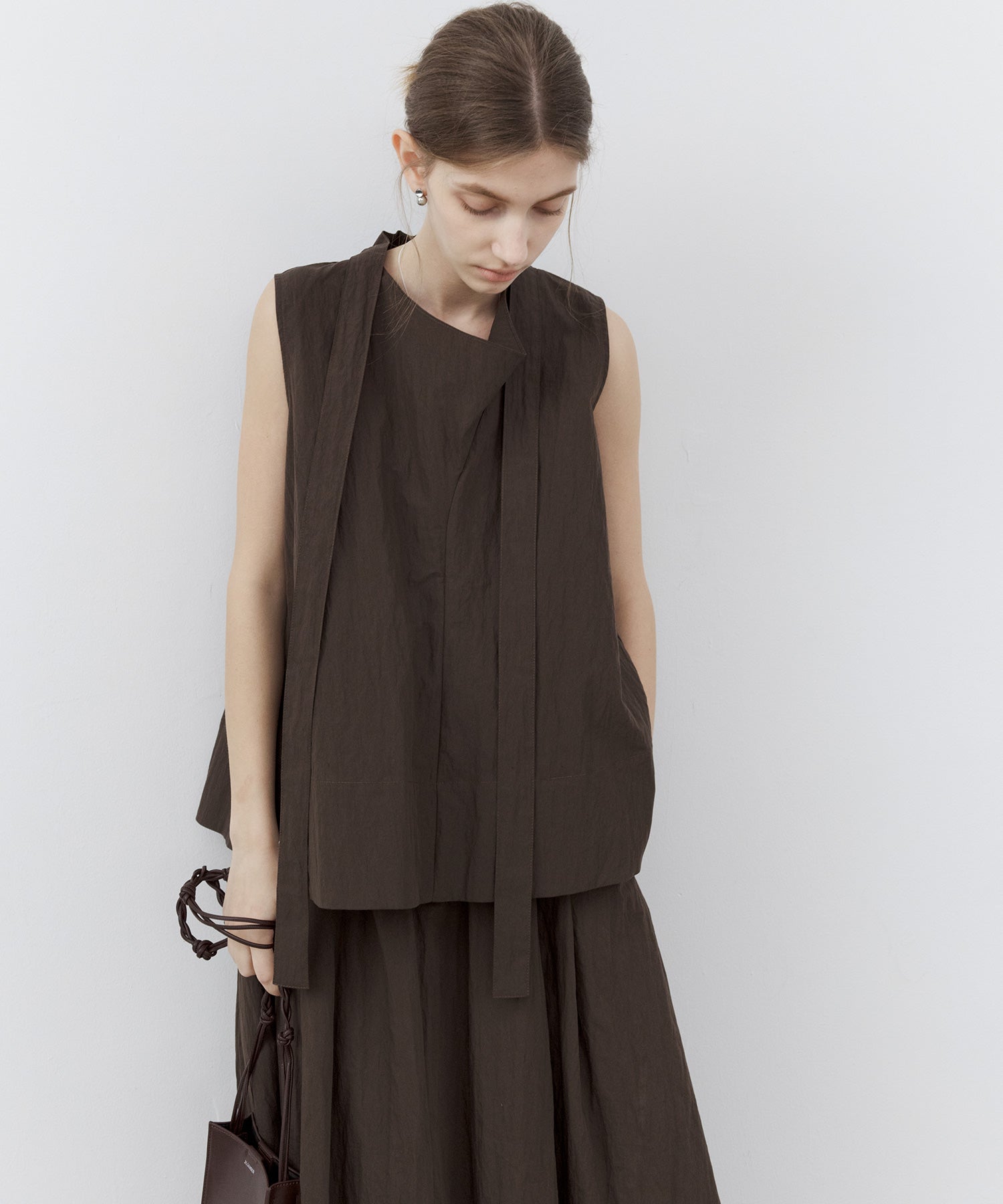 Drape Neck Pleated Blouse with Ribbon