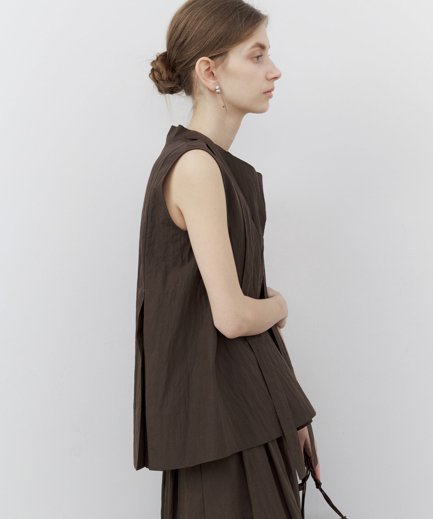 Drape Neck Pleated Blouse with Ribbon
